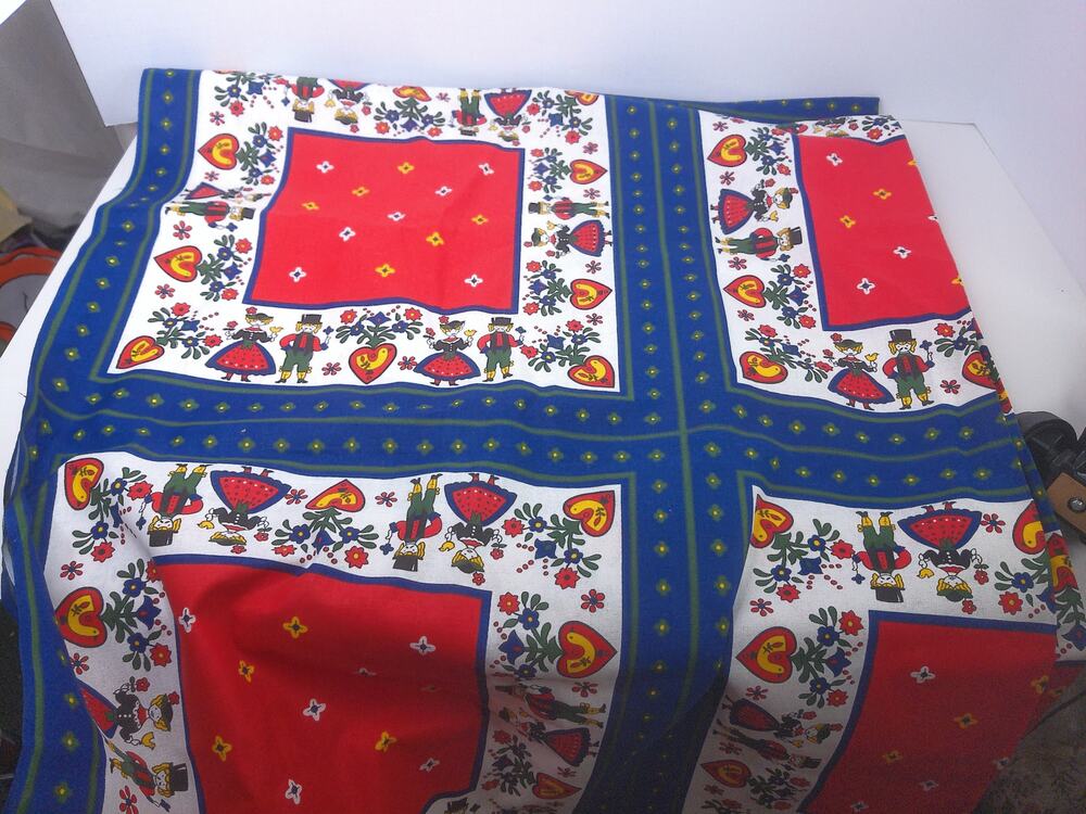 Vintage Kolf Austrian Folklore Cotton Tablecloth 59x79 Red Navy Blue Folk Art